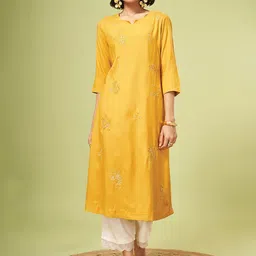 Marigold Lane Floral Embroidered Notched Neck Thread Work Silk A-Line Kurta-picture-5