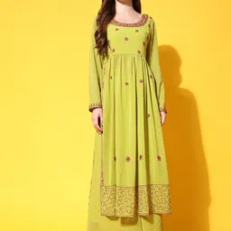 Poshak Hub Floral Embroidered Thread Work Georgette A-Line Kurta With Palazzos-44