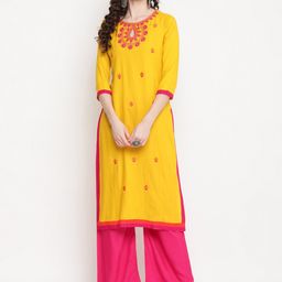 KIMAYRA Women Mustard Yellow Ethnic Motifs Embroidered Thread Work Kurta-image-30