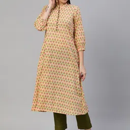 KAMI KUBI Women Yellow Floral Print Cotton Kurta-image-72