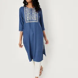 max Women Floral Yoke Design Keyhole Neck Flared Sleeves Thread Work Kurta-image-95