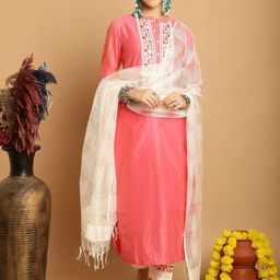 Tulsattva Ethnic Motifs Yoke Design Regular Thread Work Kurta With Trousers & Dupatta-image-90