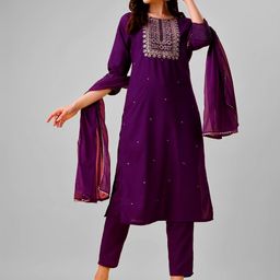JAPNAAM Ethnic Motifs Thread Work Yoke Design Straight Kurta & Trousers With Dupatta-image-9