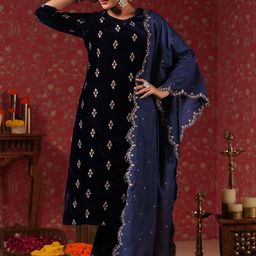 Ishin Ethnic Motifs Embroidered Thread Work Velvet Kurta With Trousers & Dupatta-picture-46