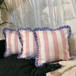 LUSHLYF Pink & White 3 Pieces Striped Pure Cotton Square Cushion Covers-3