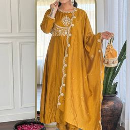 NIZA FASHION Floral Embroidered Round Neck Anarkali Kurta With Trousers & Dupatta-image-19