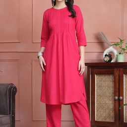 JABAMA Women Solid Pleated Pure Cotton Kurta with Trousers-26