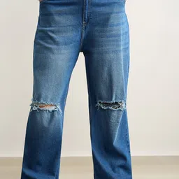 FREAKINS Women Plus Size Wide Leg High-Rise Slash Knee Light Fade Stretchable Jeans-image-51