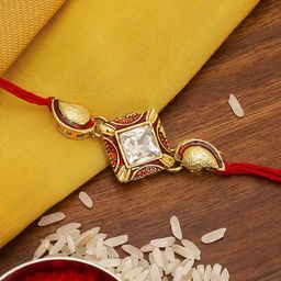 aadita Men Gold-Colored & White Stone-Studded Handmade Rakhi-image-13