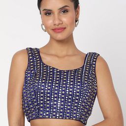 SALWAR STUDIO Women Navy Blue Embroidered Readymade Saree Blouse-image-100