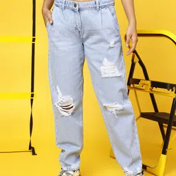 TALES & STORIES Girls High-Rise Highly Distressed Mom Fit Heavy Fade Stretchable Jeans-image-58