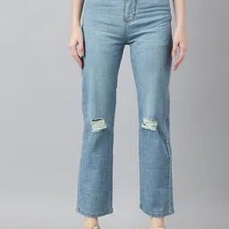 Code 61 Women Relaxed Fit High-Rise Slash Knee Light Fade Stretchable Jeans-image-35