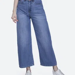 FCK-3 Women Turquoise Blue Chelsea Wide Leg High-Rise Light Fade Stretchable Jeans-image-90