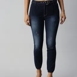 SHOWOFF Women Navy Blue Jogger High-Rise Low Distress Heavy Fade Stretchable Jeans-image-22