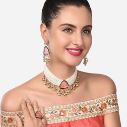 Zaveri Pearls Gold-Plated Pink & Green Stone-Studded Pearl Beaded Choker Necklace Set-16