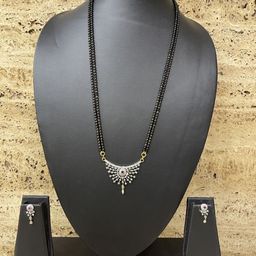 Digital Dress Room Gold-Plated & Black Stone-Studded Beaded Mangalsutra With Earrings-image-77