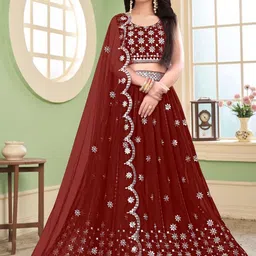 F Plus Fashion Girls Maroon Net Semi-Stitched Lehenga Choli-image-66