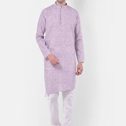 TABARD Men Purple Checked Mandarin Collar Cotton Linen Kurta-image-32
