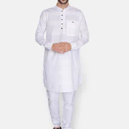NAMASKAR Men White Self Design Cotton Kurta-picture-23