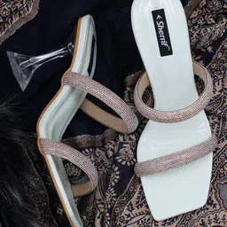Sherrif Shoes White Embellished Party Block Heels-12