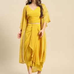 MABISH by Sonal Jain Women Yellow Printed Crop Top with Draped Skirt-33