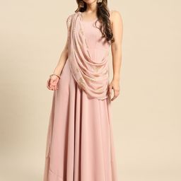 MABISH by Sonal Jain Pink Layered Georgette Maxi Dress With Dupatta Drape-picture-20