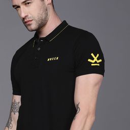 WROGN Men Black Polo Collar Slim Fit T-shirt with Brand Logo Print Detail-image-89