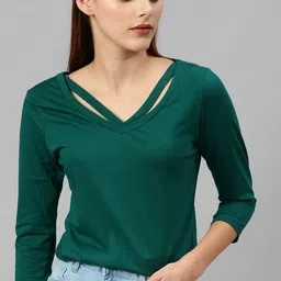 Roadster Women Green Solid Styled Neck Top-image-64