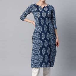 KALINI Floral Printed Notch Neck Pure Cotton A-Line Kurta-picture-21