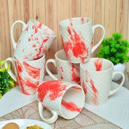 Myntra Elegant Homes White & Red 6 Pieces Textured Ceramic Glossy Cups And Mugs 300ML-0