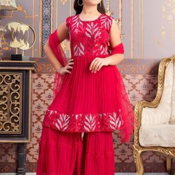 Aarika Girls Floral Embroidered Regular Kurta with Sharara & With Dupatta-picture-6