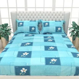 THE WHITE MOSS Turquoise Blue & White Floral Cotton 3 Piece Double Queen Regular Bedding Set-picture-2