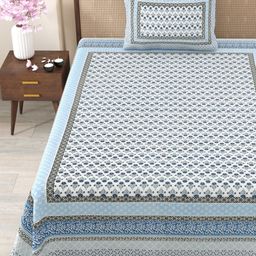 Urban Jaipur White & Blue Floral 210 TC Single Bedsheet with 1 Pillow Covers-image-82