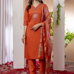 Peach Petals Women Embroidered Regular Thread Work Kurta with Trousers & With Dupatta-image-6
