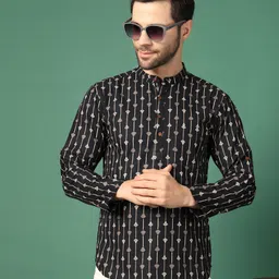 Sangria Black Geometric Printed Band Collar Regular Pure Cotton Straight Kurta-picture-56