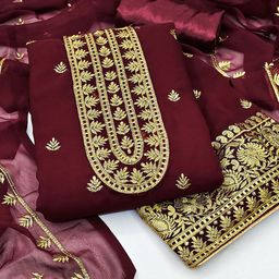 SHADOW & SAINING Floral Embroidered Zari Work Unstitched Dress Material-image-8