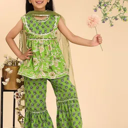 Cutiekins Girls Floral Printed Pleated Gotta Patti Kurti with Sharara & With Dupatta-picture-26