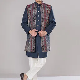 RNG Safawala Mandarin Collar Thread Work Raw Silk Straight Kurta With Trousers & Jacket-image-64