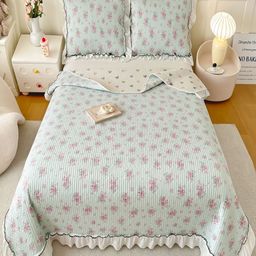 JC HOME Blue & Pink Floral Printed 162 TC King Bed Cover Set-image-85