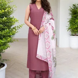 SZN Women V-Neck Regular Straight Kurta with Trousers & Dupatta-image-38