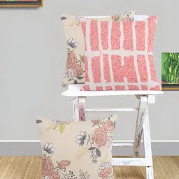 IVAZA Beige & Pink Set of 3 Floral Square Cushion Covers-9