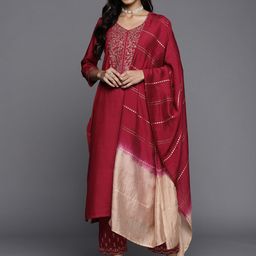 all about you Floral Yoke Design V-Neck Thread Work Straight Kurta With Trouser & Dupatta-picture-26