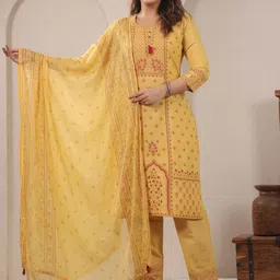 Span Floral Printed Notch Neck Pure Cotton Straight Kurta With Trousers & Dupatta-13
