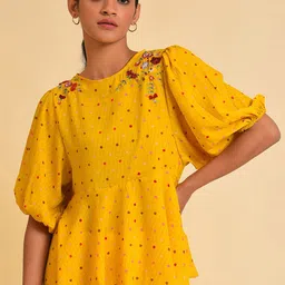 W Yellow Polka Dots Printed Puff Sleeves Embeoidered Pepium Top-image-29