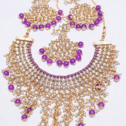 Swarajshop Gold-Plated Purple Kundan Studded & Beaded Handcrafted Jewellery Set-14