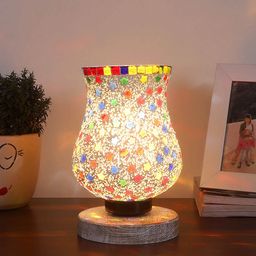 Devansh White & Red Round Shaped Brushed Wooden Table Lamp With Mosaic Design Glass Shade-56