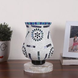 Devansh White & Blue Mosaic Design Glass Shade Table Lamp-17