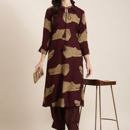 SHOWOFF Animal Printed Tie Up Neck Three-Quarter Sleeves Straight Kurta with Patiala-image-74
