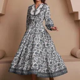 GULAB CHAND TRENDS Floral Printed Mandarin Collar Cotton A-Line Ethnic Dresses-image-3