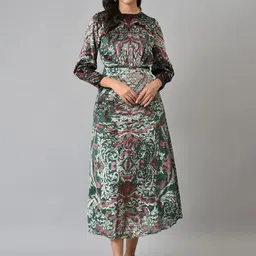 WISHFUL Green & Maroon Ethnic Motifs Chiffon A-Line Midi Dress-image-36